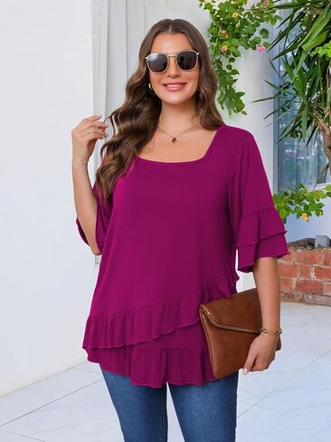 بلوزة نسائية من Beauhuty مقاس كبير برقبة مربعة تونك مزدوج الكشكشة تنحنح 3/4 كم قميص كاجوال عصري متدفق فضفاض أنيق in Kuwait