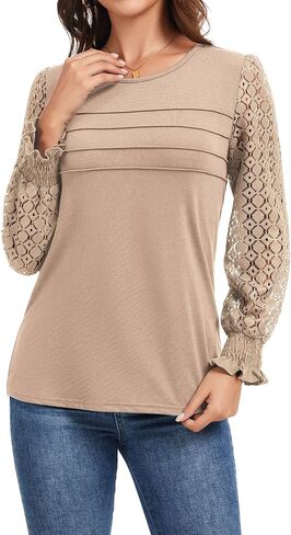 قمصان نسائية بأكمام طويلة وطيات أمامية كاجوال للعمل مع فتحة رقبة دائرية من الدانتيل، وبلوزة مناسبة للخريف in Kuwait