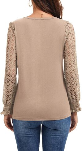 قمصان نسائية بأكمام طويلة وطيات أمامية كاجوال للعمل مع فتحة رقبة دائرية من الدانتيل، وبلوزة مناسبة للخريف in Kuwait