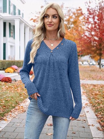 Sweaters for Women Long Sleeve Shirts Womens Tops Fall Outfits V Neck Sweatshirt Casual Trendy Winter Clothes in Kuwait