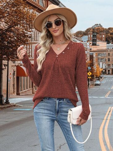 Sweaters for Women Long Sleeve Shirts Womens Tops Fall Outfits V Neck Sweatshirt Casual Trendy Winter Clothes in Kuwait