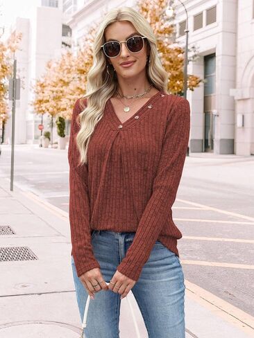 Sweaters for Women Long Sleeve Shirts Womens Tops Fall Outfits V Neck Sweatshirt Casual Trendy Winter Clothes in Kuwait