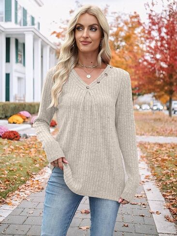 Sweaters for Women Long Sleeve Shirts Womens Tops Fall Outfits V Neck Sweatshirt Casual Trendy Winter Clothes in Kuwait