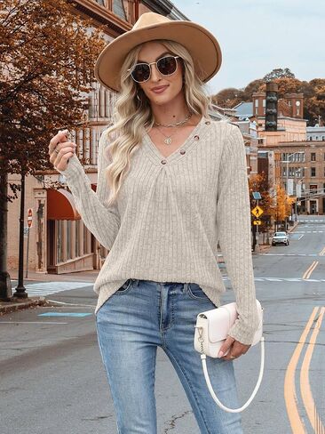 Sweaters for Women Long Sleeve Shirts Womens Tops Fall Outfits V Neck Sweatshirt Casual Trendy Winter Clothes in Kuwait