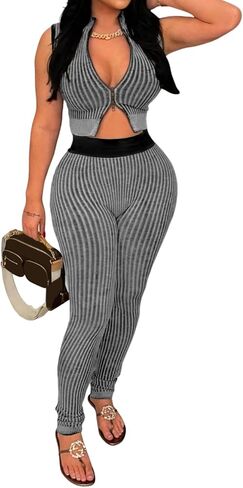 2 Piece Outfits for Women Summer Sexy Zipper Crop Top Bodycon Pants Sets Sleeveless Club Outfits Tracksuit in Kuwait