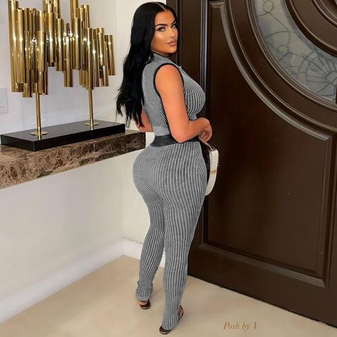 2 Piece Outfits for Women Summer Sexy Zipper Crop Top Bodycon Pants Sets Sleeveless Club Outfits Tracksuit in Kuwait