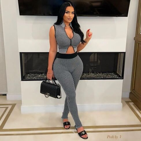 2 Piece Outfits for Women Summer Sexy Zipper Crop Top Bodycon Pants Sets Sleeveless Club Outfits Tracksuit in Kuwait