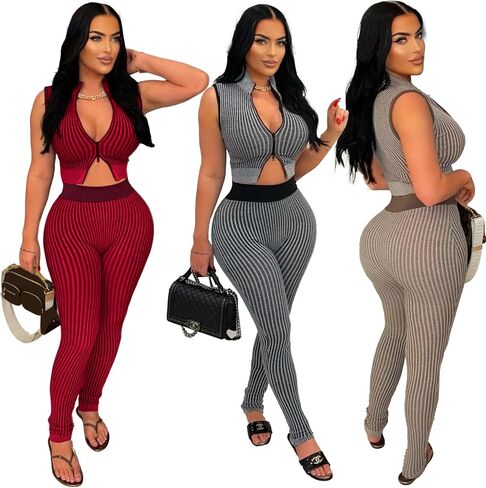 2 Piece Outfits for Women Summer Sexy Zipper Crop Top Bodycon Pants Sets Sleeveless Club Outfits Tracksuit in Kuwait