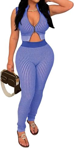 2 Piece Outfits for Women Summer Sexy Zipper Crop Top Bodycon Pants Sets Sleeveless Club Outfits Tracksuit in Kuwait