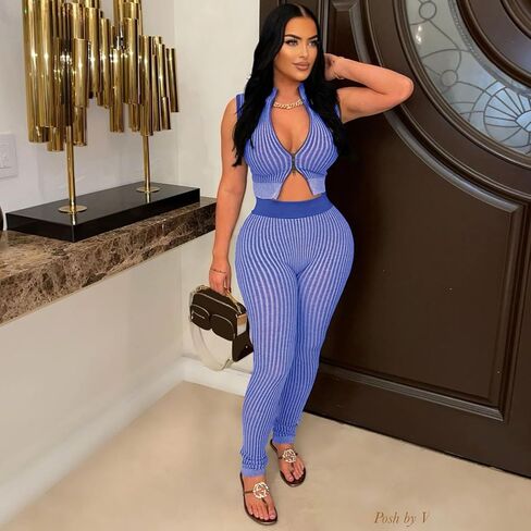 2 Piece Outfits for Women Summer Sexy Zipper Crop Top Bodycon Pants Sets Sleeveless Club Outfits Tracksuit in Kuwait
