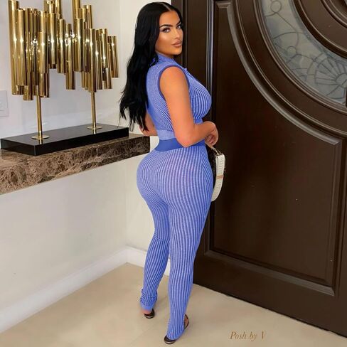 2 Piece Outfits for Women Summer Sexy Zipper Crop Top Bodycon Pants Sets Sleeveless Club Outfits Tracksuit in Kuwait
