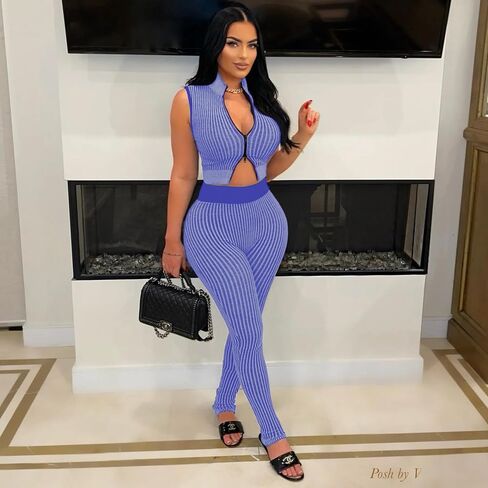 2 Piece Outfits for Women Summer Sexy Zipper Crop Top Bodycon Pants Sets Sleeveless Club Outfits Tracksuit in Kuwait