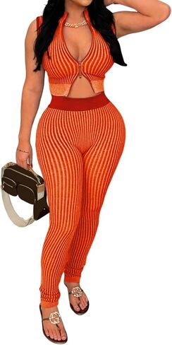 2 Piece Outfits for Women Summer Sexy Zipper Crop Top Bodycon Pants Sets Sleeveless Club Outfits Tracksuit in Kuwait