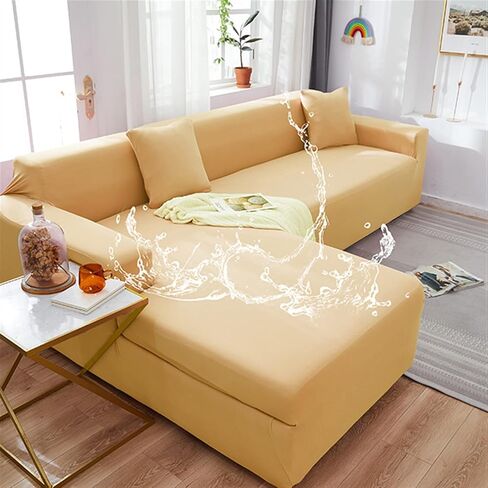 MIPOPS Sofa Covers, Waterproof Sectional Couch Covers L Shape Sofa Cover Set Stretch L-Shaped Slipcovers Washable Anti Slip Living Room Pet Dog Furniture Protector(Yellow,3-Seat 195-230cm) in Saudi Arabia