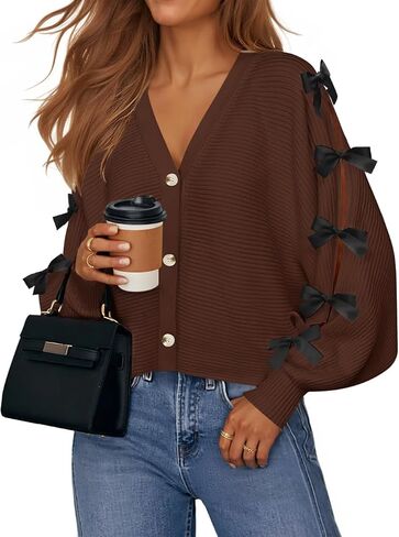 ZESICA Fall Bow Cardigans for Women Trendy 2025 Casual Long Sleeve Button V Neck Knit Sweater Outerwear Coats in Saudi Arabia