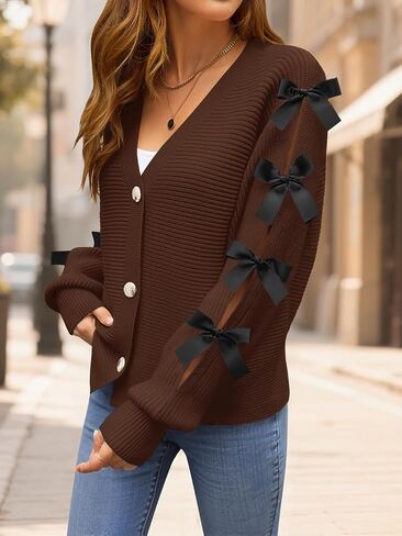 ZESICA Fall Bow Cardigans for Women Trendy 2025 Casual Long Sleeve Button V Neck Knit Sweater Outerwear Coats in Saudi Arabia