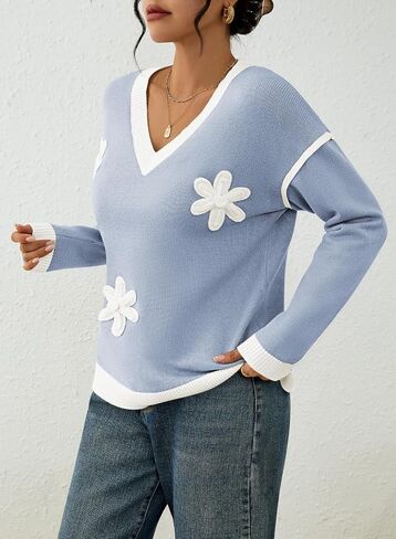 Viottiset Sweaters for Women Long Sleeve Oversized Pullovers Sweaters Soft Knit V Neck Tops Floral Clothes Fall Outfits in Saudi Arabia