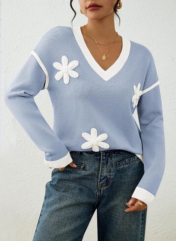 Viottiset Sweaters for Women Long Sleeve Oversized Pullovers Sweaters Soft Knit V Neck Tops Floral Clothes Fall Outfits in Saudi Arabia