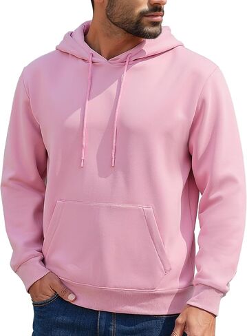 Mens Hoodies Pullover Midweight Fashion Long Sleeve Casual Hooded Sweatshirt Solid Color Fleece-Lined Hoodie in Saudi Arabia