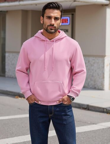 Mens Hoodies Pullover Midweight Fashion Long Sleeve Casual Hooded Sweatshirt Solid Color Fleece-Lined Hoodie in Saudi Arabia