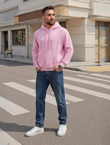 Mens Hoodies Pullover Midweight Fashion Long Sleeve Casual Hooded Sweatshirt Solid Color Fleece-Lined Hoodie in Saudi Arabia