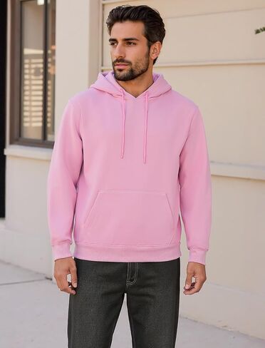 Mens Hoodies Pullover Midweight Fashion Long Sleeve Casual Hooded Sweatshirt Solid Color Fleece-Lined Hoodie in Saudi Arabia