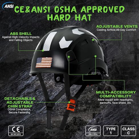 AOLAMEGS Construction Safety Hard Hat - ANSI Z89.1 Type Ι OSHA Approved Safety Helmets with Chin Straps Lightweight Reflective Vented ABS Hard Hats For Men Women Industrial Workwear 6-point Suspension in Kuwait