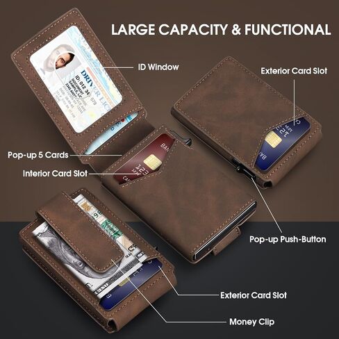 محفظة للرجال حامل بطاقات RFID، حافظة بطاقات رفيعة من الجلد الطبيعي، صغيرة الحجم، جيب أمامي، سعة البطاقة 9-13، نافذة لبطاقة الهوية، مشبك نقود (قهوة) in Kuwait