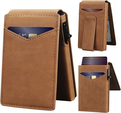 Wallet for Men RFID Blocking Card Holder, Genuine Leather Slim Pop up Card Case, Minimaslit, Front Pocket, 9-13 Card Capacity, ID Window, Money Clip(Coffee) in Kuwait