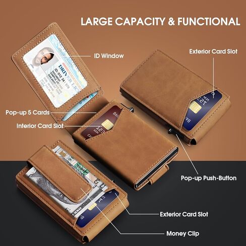 Wallet for Men RFID Blocking Card Holder, Genuine Leather Slim Pop up Card Case, Minimaslit, Front Pocket, 9-13 Card Capacity, ID Window, Money Clip(Coffee) in Kuwait
