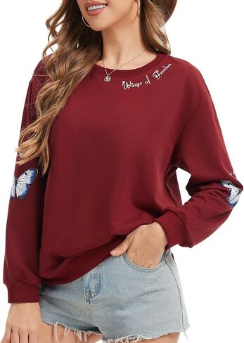 Crewneck Graphic Sweatshirts Women- Casual Butterfly Printed Pullover Long Sleeve Fall Shirts Top in Saudi Arabia