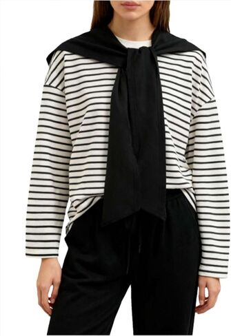 OYOANGLE Women's Striped Oversized Knitwear Long Sleeve Drop Shoulder Sweatshirt with Sweater Shawl in Saudi Arabia