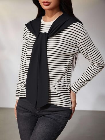 OYOANGLE Women's Striped Oversized Knitwear Long Sleeve Drop Shoulder Sweatshirt with Sweater Shawl in Saudi Arabia