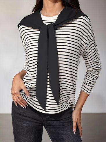 OYOANGLE Women's Striped Oversized Knitwear Long Sleeve Drop Shoulder Sweatshirt with Sweater Shawl in Saudi Arabia