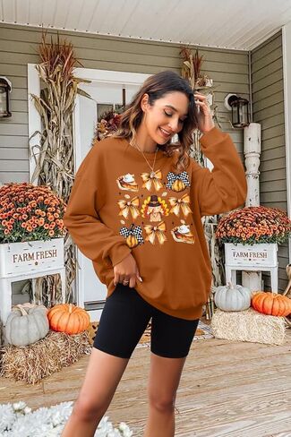 EGELEXY Thankful Sweatshirt Women Pumpkin Clothes Thanksgiving Bow Shirt Turkey Pullover Tops in Saudi Arabia