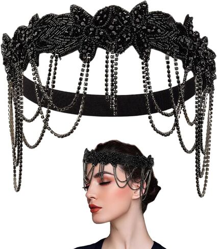 OLYCRAFT 20s Great Gatsby عقال 1920s Flapper Headhead Roing Chain أسود حجر الراين هامش هيرباند خمر حجر الراين الجبين ملحق للنساء حفلة عطلة ديكور الشعر اليومي in Saudi Arabia