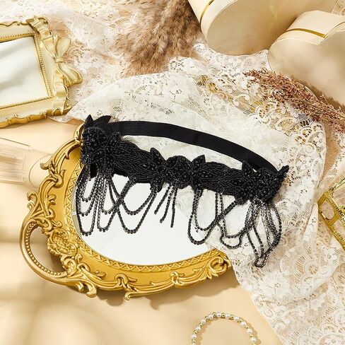 OLYCRAFT 20s Great Gatsby عقال 1920s Flapper Headhead Roing Chain أسود حجر الراين هامش هيرباند خمر حجر الراين الجبين ملحق للنساء حفلة عطلة ديكور الشعر اليومي in Saudi Arabia