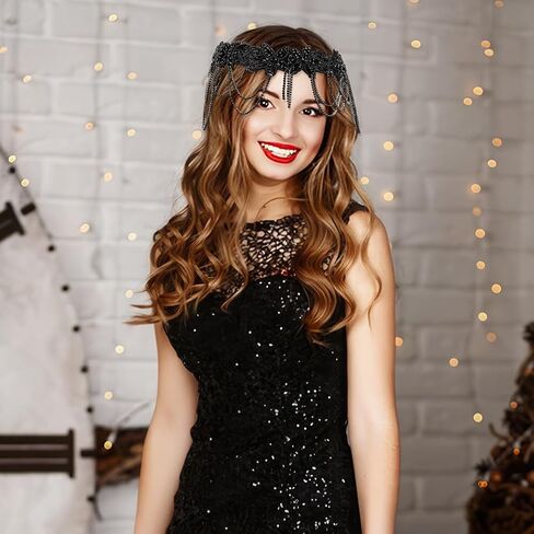 OLYCRAFT 20s Great Gatsby عقال 1920s Flapper Headhead Roing Chain أسود حجر الراين هامش هيرباند خمر حجر الراين الجبين ملحق للنساء حفلة عطلة ديكور الشعر اليومي in Saudi Arabia