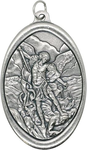 VILLAGE GIFT IMPORTERS Large 3" Religious Catholic Medal Pendant | Saint Michael and Guardian Angel or Miraculous Medal | Silver-Tone Metal | Made in Italy in Saudi Arabia