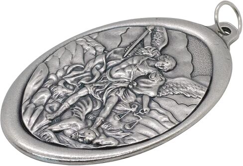 VILLAGE GIFT IMPORTERS Large 3" Religious Catholic Medal Pendant | Saint Michael and Guardian Angel or Miraculous Medal | Silver-Tone Metal | Made in Italy in Saudi Arabia
