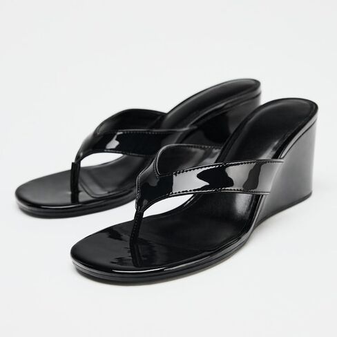 Patent Leather Wedge Flip Flops for Women Open Round Toe Comfort Arch Support Slip On High Heel Thong Sandals for Summer Fashion Travel Vacation Party Date Slides in Saudi Arabia