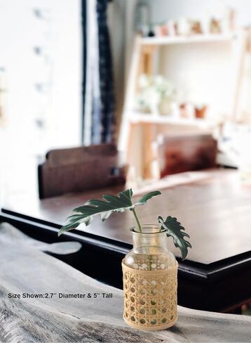 Serene Spaces Living Cottage Cane Wrapped Glass Bottle Vase, Flower Vase, Table Centerpiece, Boho Wedding Reception Decor, for Living Room, Fireplace Mantel, Set of 2, 3.25" Diameter & 6.25" Tall in Kuwait