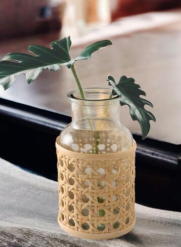 Serene Spaces Living Cottage Cane Wrapped Glass Bottle Vase, Flower Vase, Table Centerpiece, Boho Wedding Reception Decor, for Living Room, Fireplace Mantel, Set of 2, 3.25" Diameter & 6.25" Tall in Kuwait