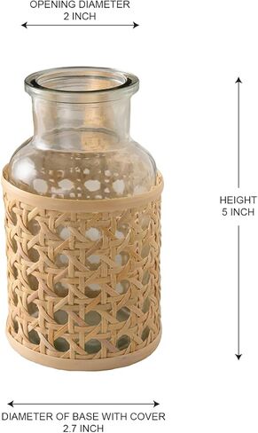Serene Spaces Living Cottage Cane Wrapped Glass Bottle Vase, Flower Vase, Table Centerpiece, Boho Wedding Reception Decor, for Living Room, Fireplace Mantel, Set of 2, 3.25" Diameter & 6.25" Tall in Kuwait