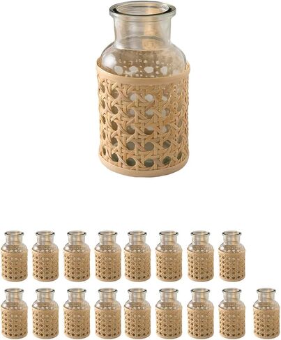 Serene Spaces Living Cottage Cane Wrapped Glass Bottle Vase, Flower Vase, Table Centerpiece, Boho Wedding Reception Decor, for Living Room, Fireplace Mantel, Set of 2, 3.25" Diameter & 6.25" Tall in Kuwait