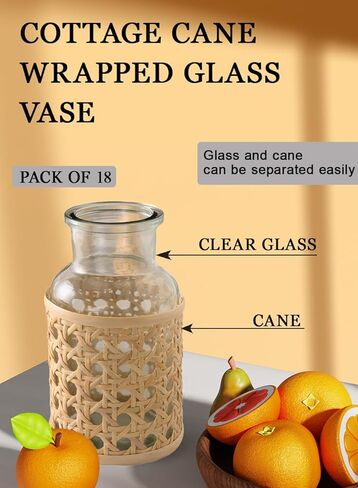 Serene Spaces Living Cottage Cane Wrapped Glass Bottle Vase, Flower Vase, Table Centerpiece, Boho Wedding Reception Decor, for Living Room, Fireplace Mantel, Set of 2, 3.25" Diameter & 6.25" Tall in Kuwait
