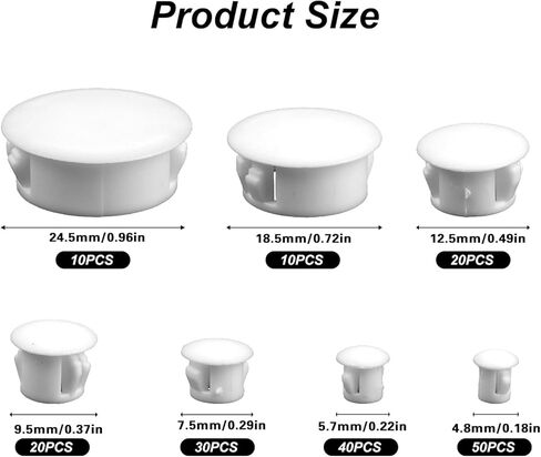 Plastic Hole Plugs, 180pcs White Panel Knockout Locking Plugs, Round Drill Screw Hole Plugs Covers for Kitchen Cabinet Furniture Insert End Caps, 1" 3/4" 1/2" 3/8" 5/16" 1/4" 1/5" in Kuwait