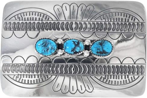 Navajo Kingman Turquoise Nuggets Silver Belt Buckle Traditional Hammered Patterns 0520 in Saudi Arabia