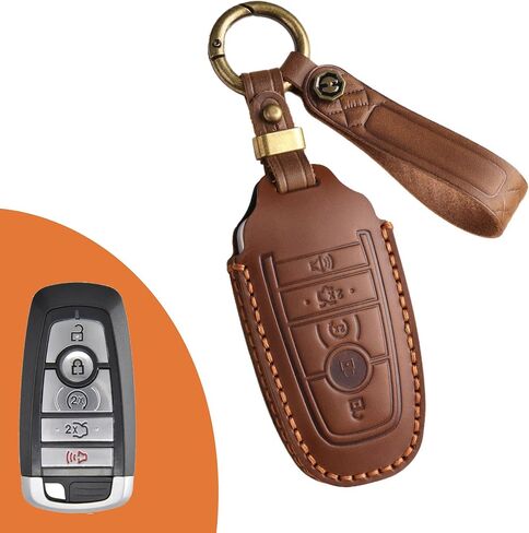 حافظة غطاء مفتاح فوب من الجلد الطبيعي لسيارة Ford F150 F250 F350 Edge Expedition Explorer Mustang Maverick Fusion Shelby GT500، لحامل مفاتيح Lincoln Nautilus Aviator (بني) in Kuwait