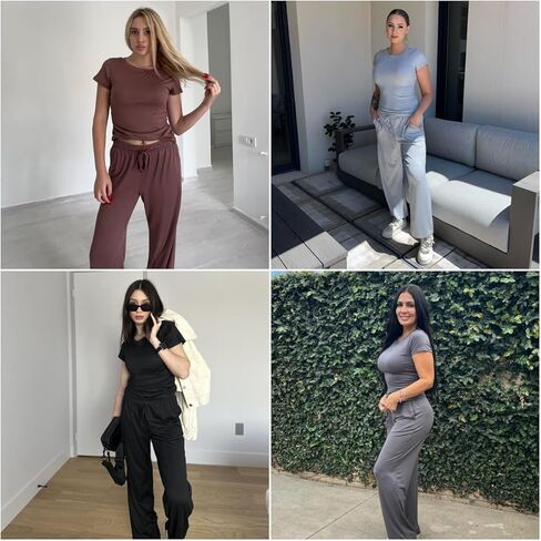 Generic Women's Green Casual Coordinated Outfit Set: Top & Pants - Short Sleeve, High Waisted, Wide Leg in Saudi Arabia